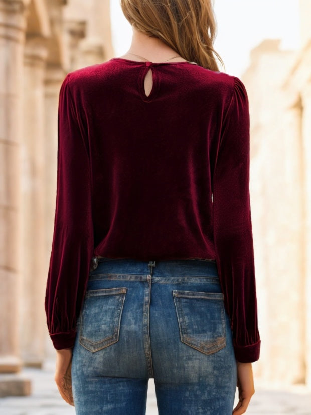 Red velvet long sleeve blouse by Alabaster, elegant and chic for dressy occasions.