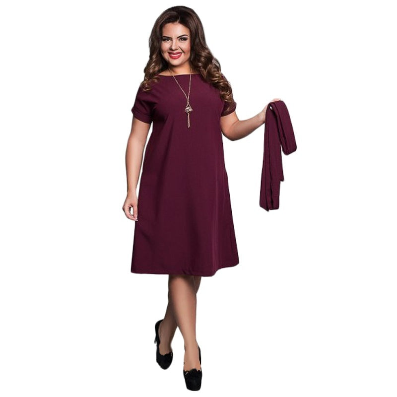 Dark blue soft drape A-line plus size midi dress with belt by Alabaster