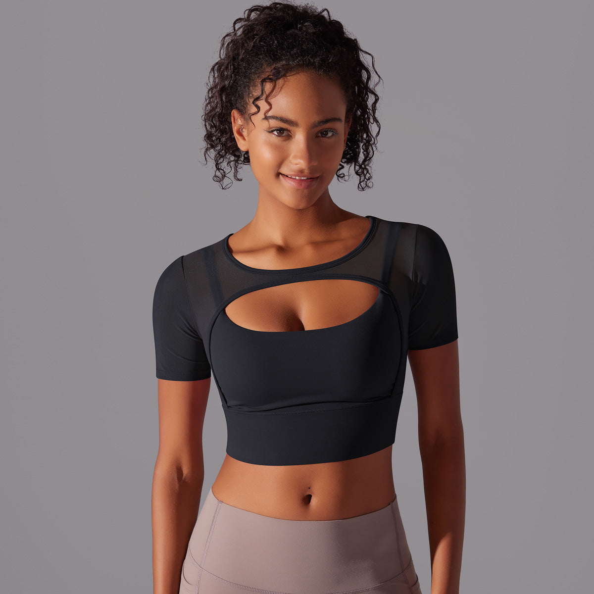 Mesh Double Layer Cutout Sports Bra - Black Breathable Fitness Top