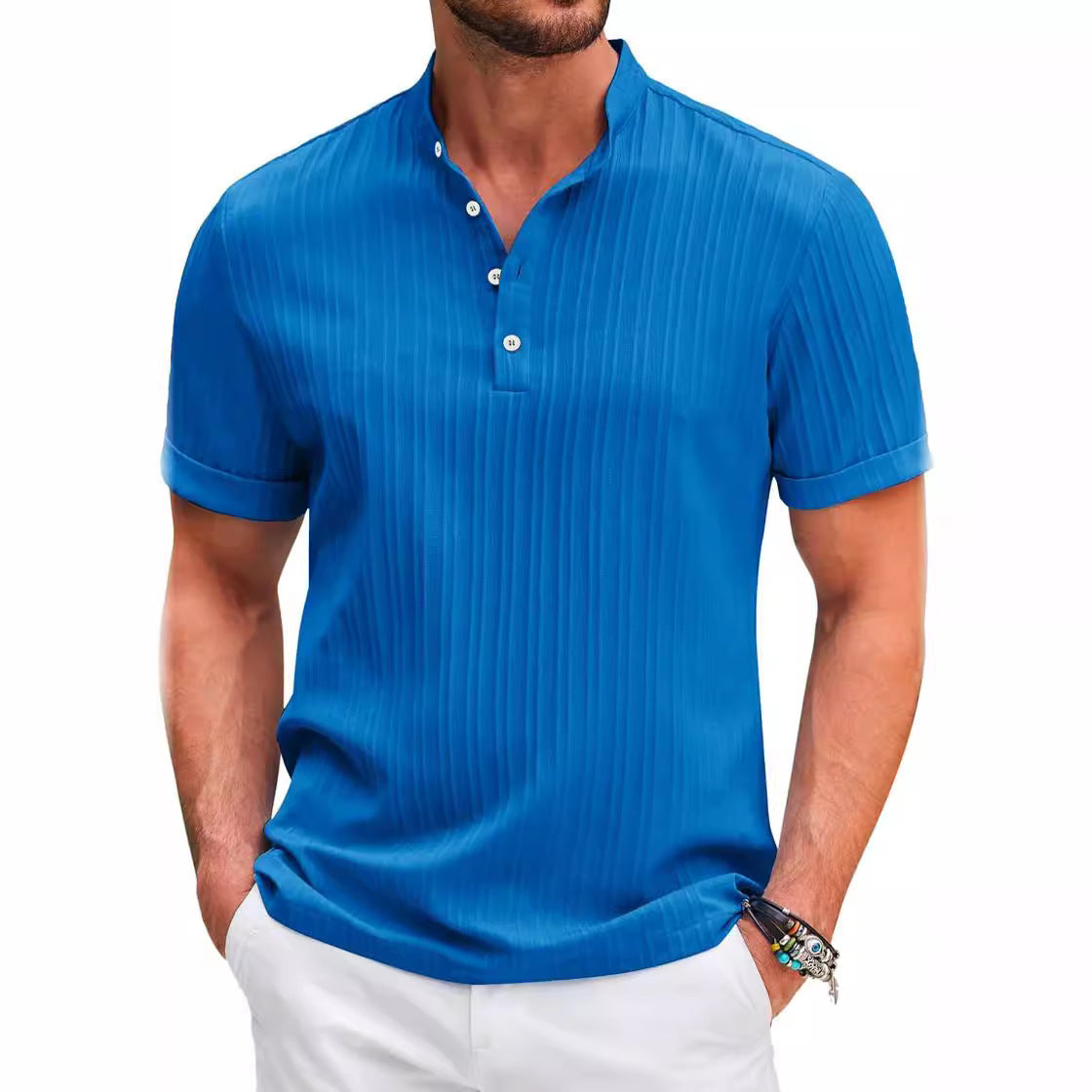 Summer Stand Collar Stripe Polo Shirt