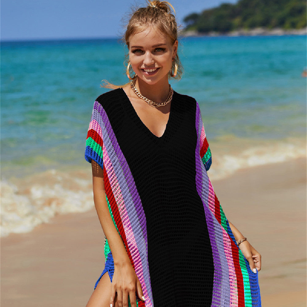Rainbow Stripe Cotton Bikini Cover Up - Beach Mesh Knit Tunic