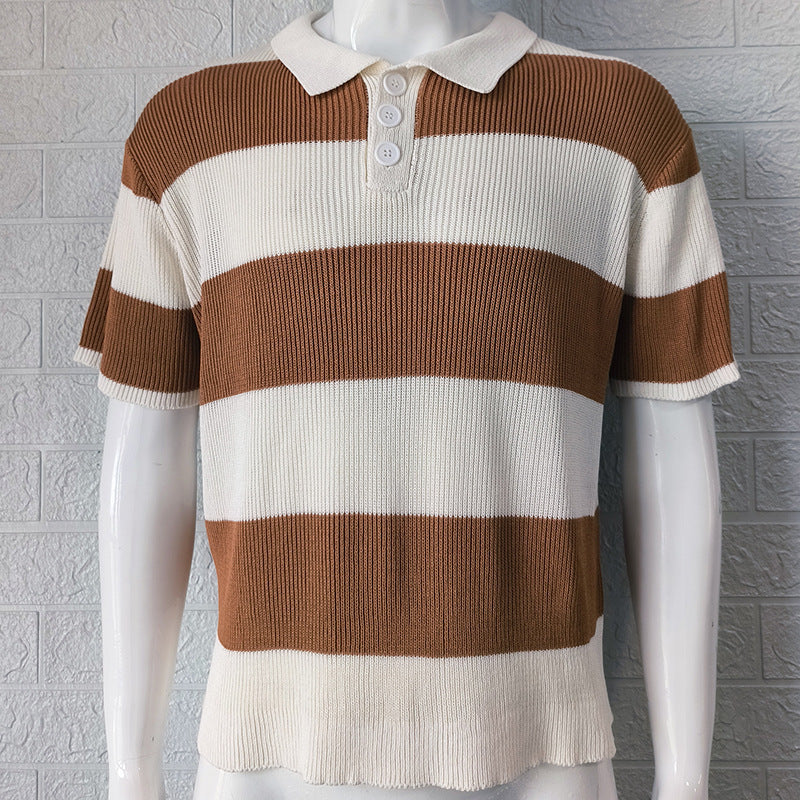 Striped Knit Polo Shirt - Acrylic Lapel Collar Short Sleeve
