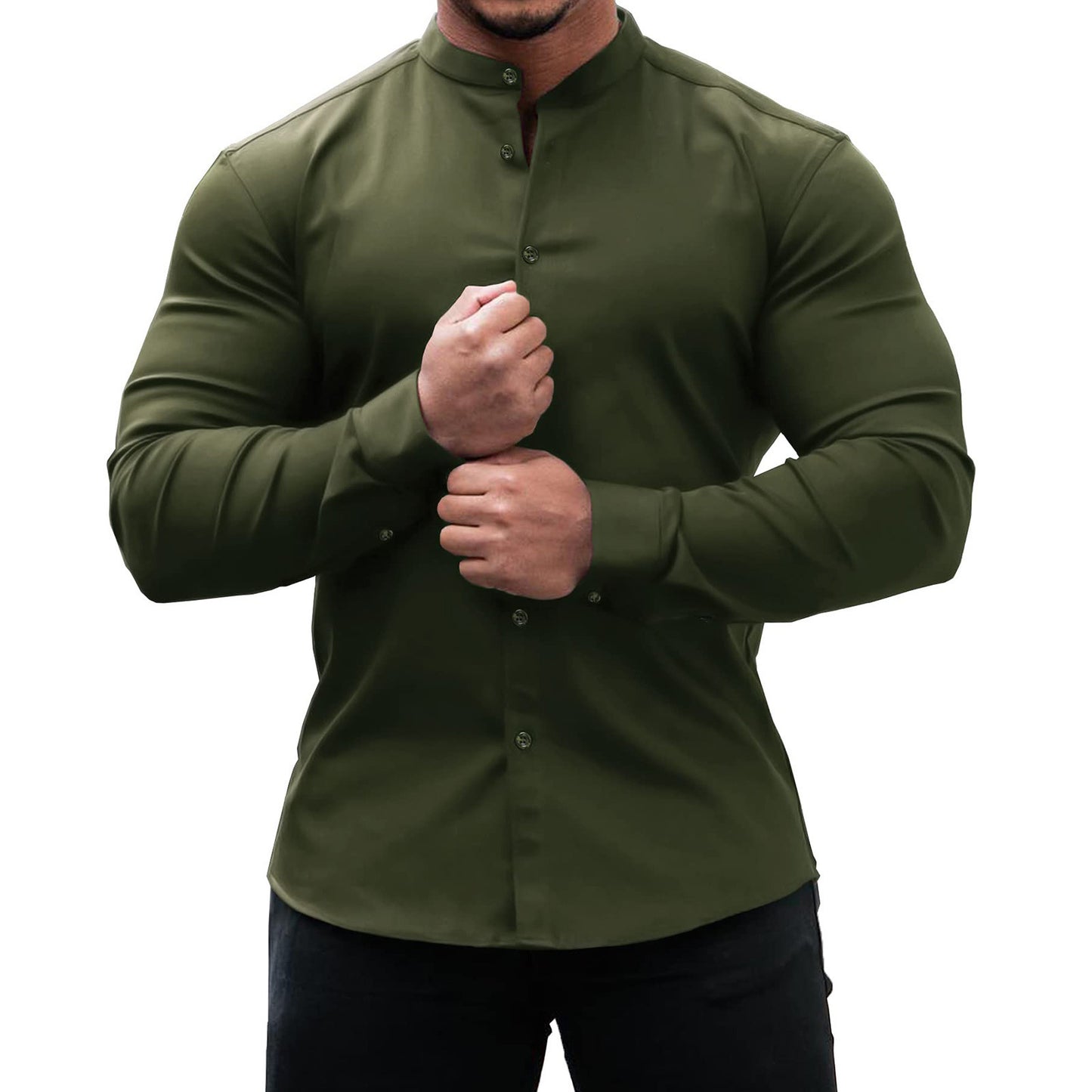 Mandarin Collar Shirt Men - Slim Fit Polyester Long Sleeve