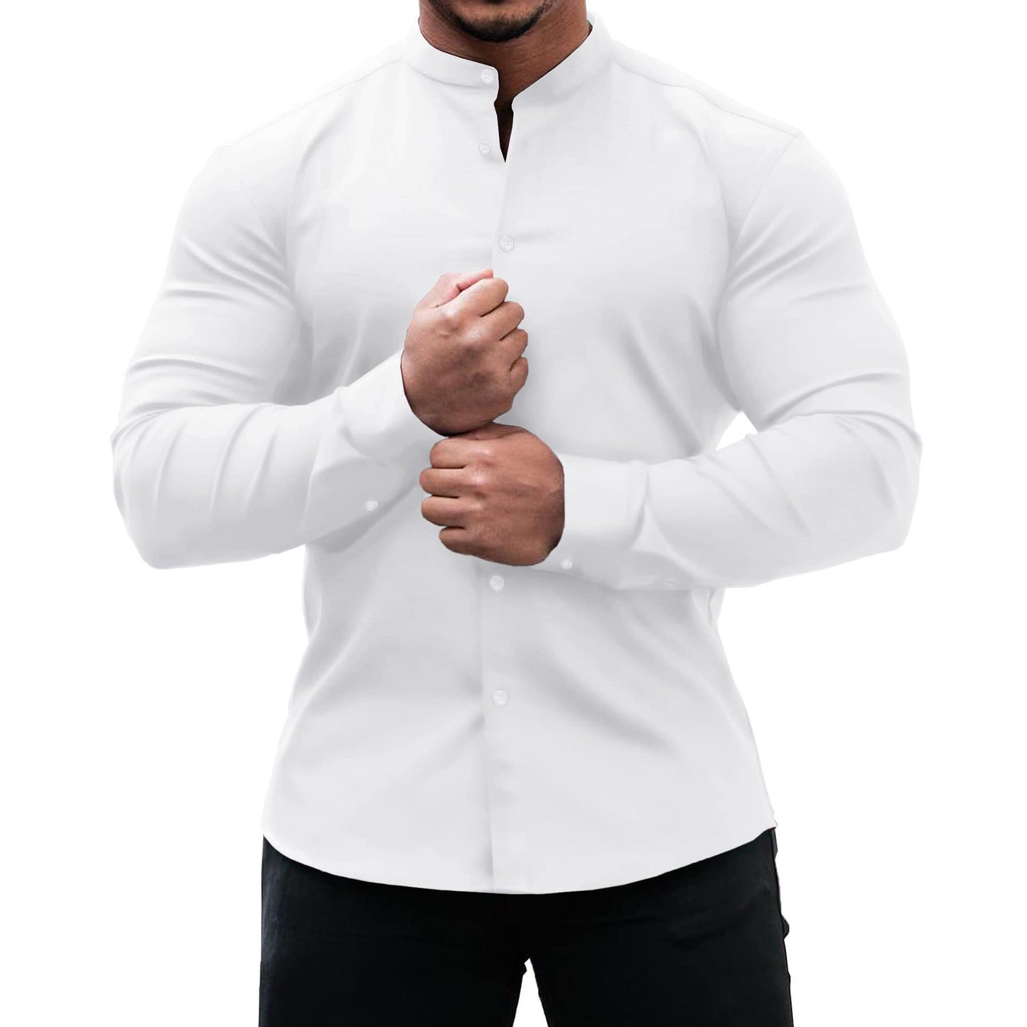 White slim fit polyester long sleeve mandarin collar shirt for men by My Store