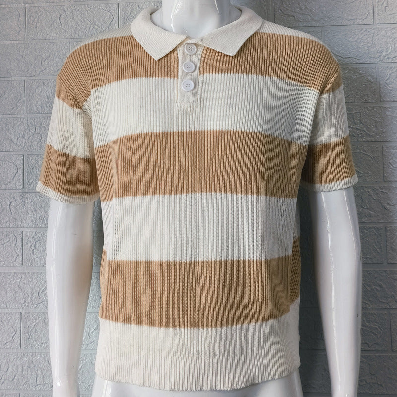 Grey striped knit polo shirt with acrylic lapel collar and short sleeves by My Store