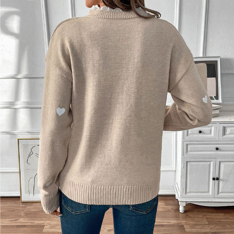 Women’s V-Neck Heart Knit Sweater – Light Khaki
