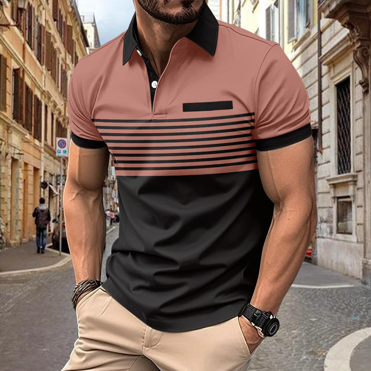 Men's Striped Polo Shirt with Chest Pocket - Cotton Blend