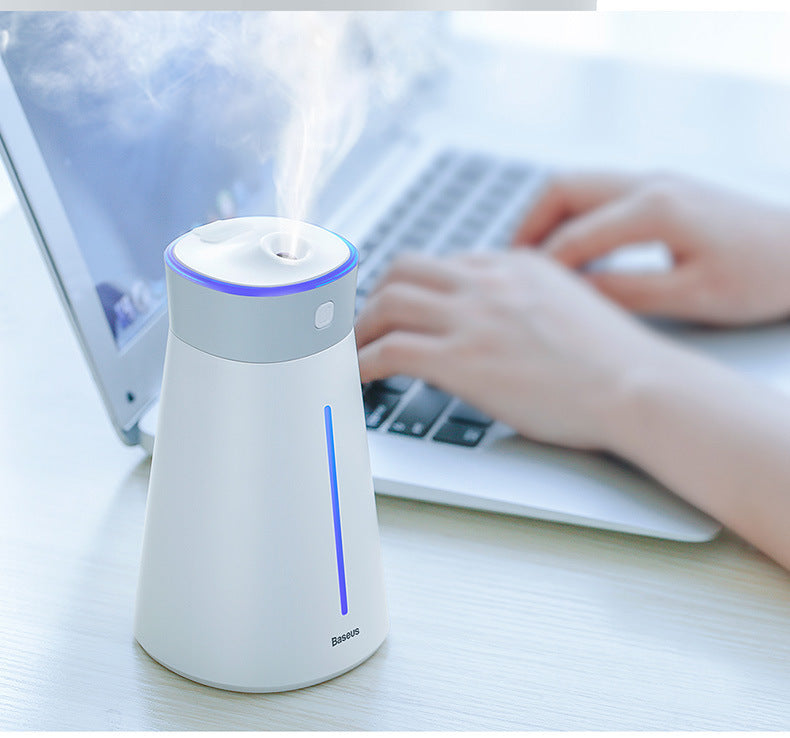 Baseus white USB humidifier with 2.6L capacity, quiet operation at 36dB, and sleek desktop design.
