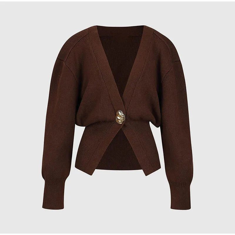 Brown polyester knit deep V button cardigan by Alabaster, featuring a stylish button closure.