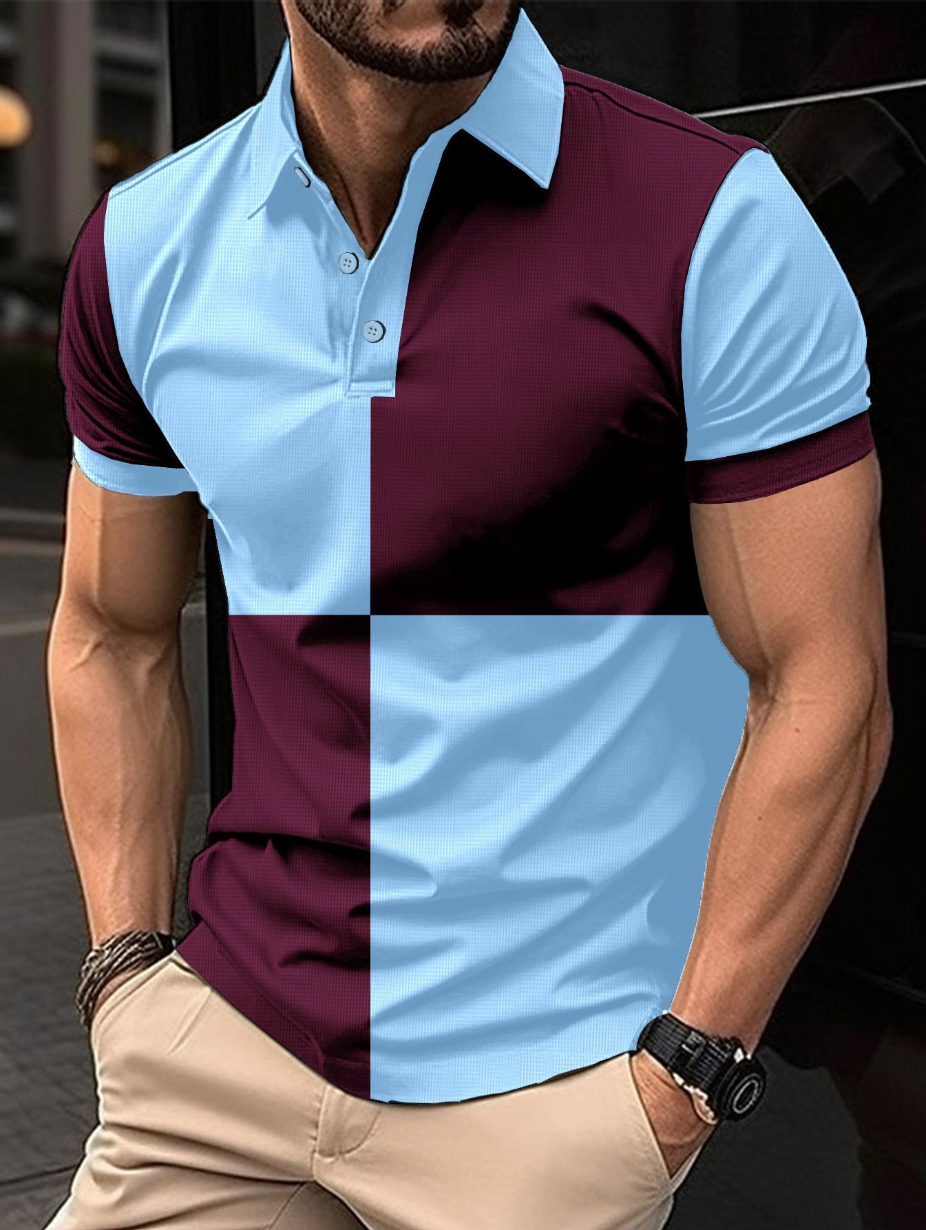 Bold Color-Block Cotton Polo Shirt - Contrast Stitching Design