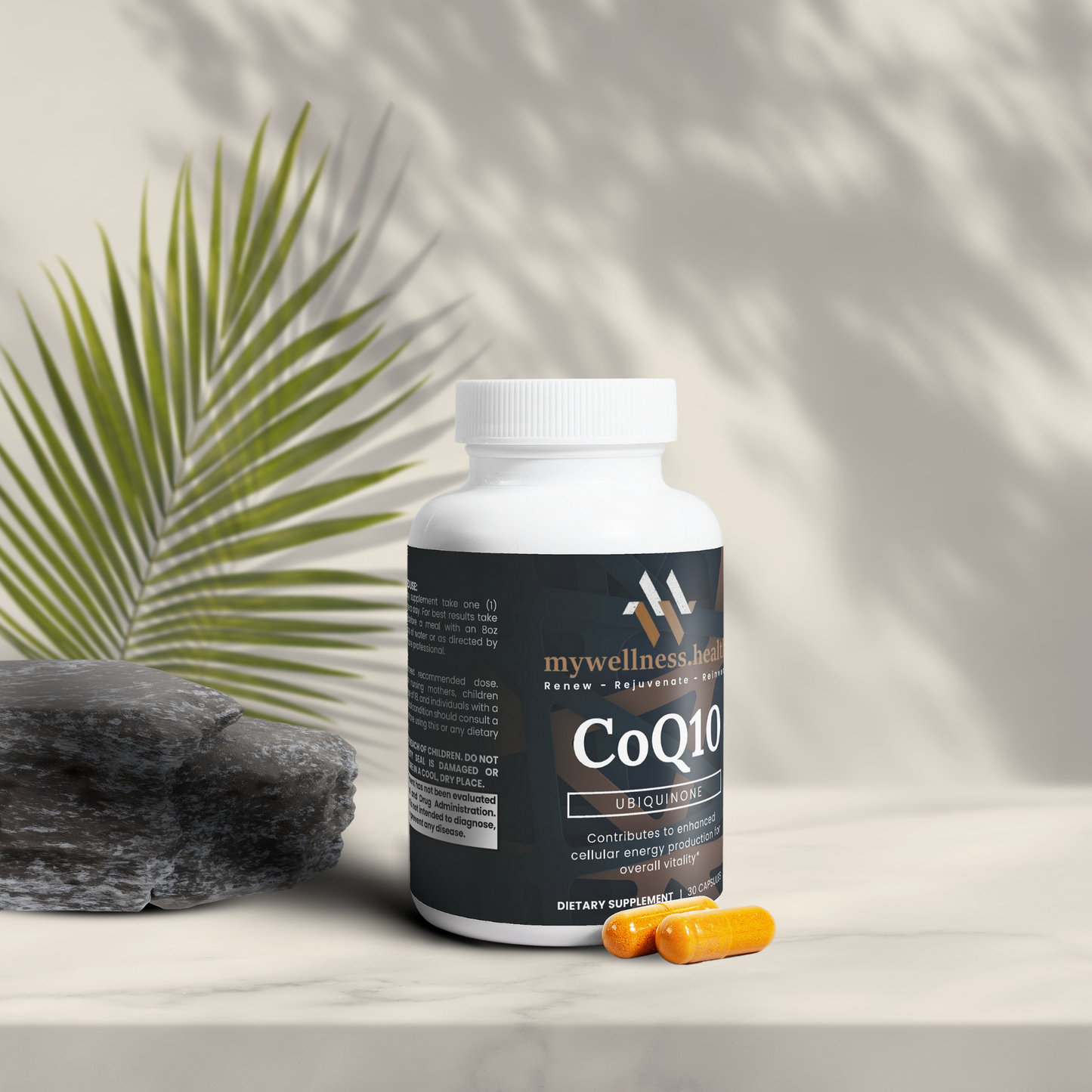 CoQ10 Ubiquinone 100mg capsules in a clear bottle for heart and energy support by mywellness.health