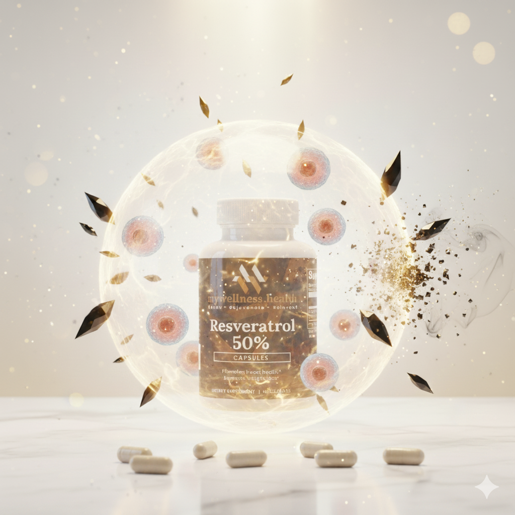 Resveratrol 50% natural antioxidant supplement by mywellness.health, in a sleek bottle design