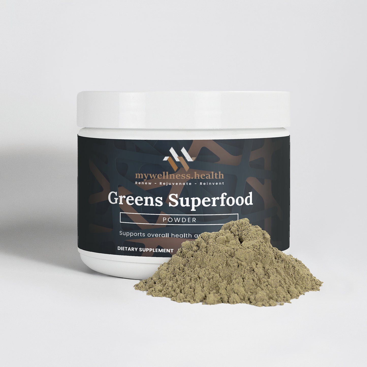 Greens Superfood Powder blend featuring spirulina, barley grass, and beet root by mywellness.health in a green pouch