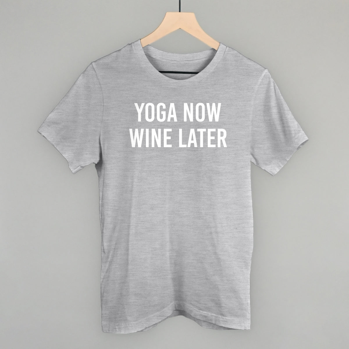 Heather sage tee from Ivy + Cloth featuring "Yoga Now Wine Later" saying, perfect for cozy wear and gifts.