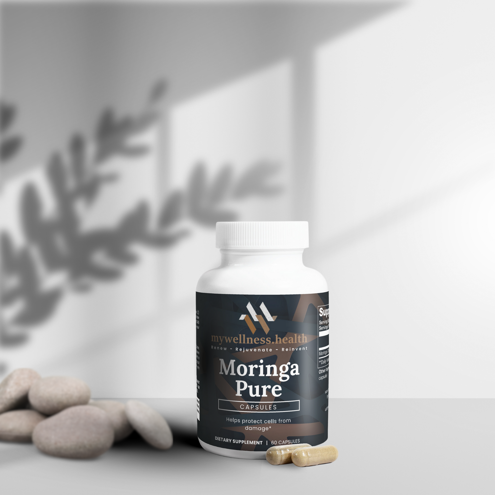 Green Moringa Pure Organic Leaf Capsules in a clear bottle by mywellness.health, allergen-free and natural supplement.