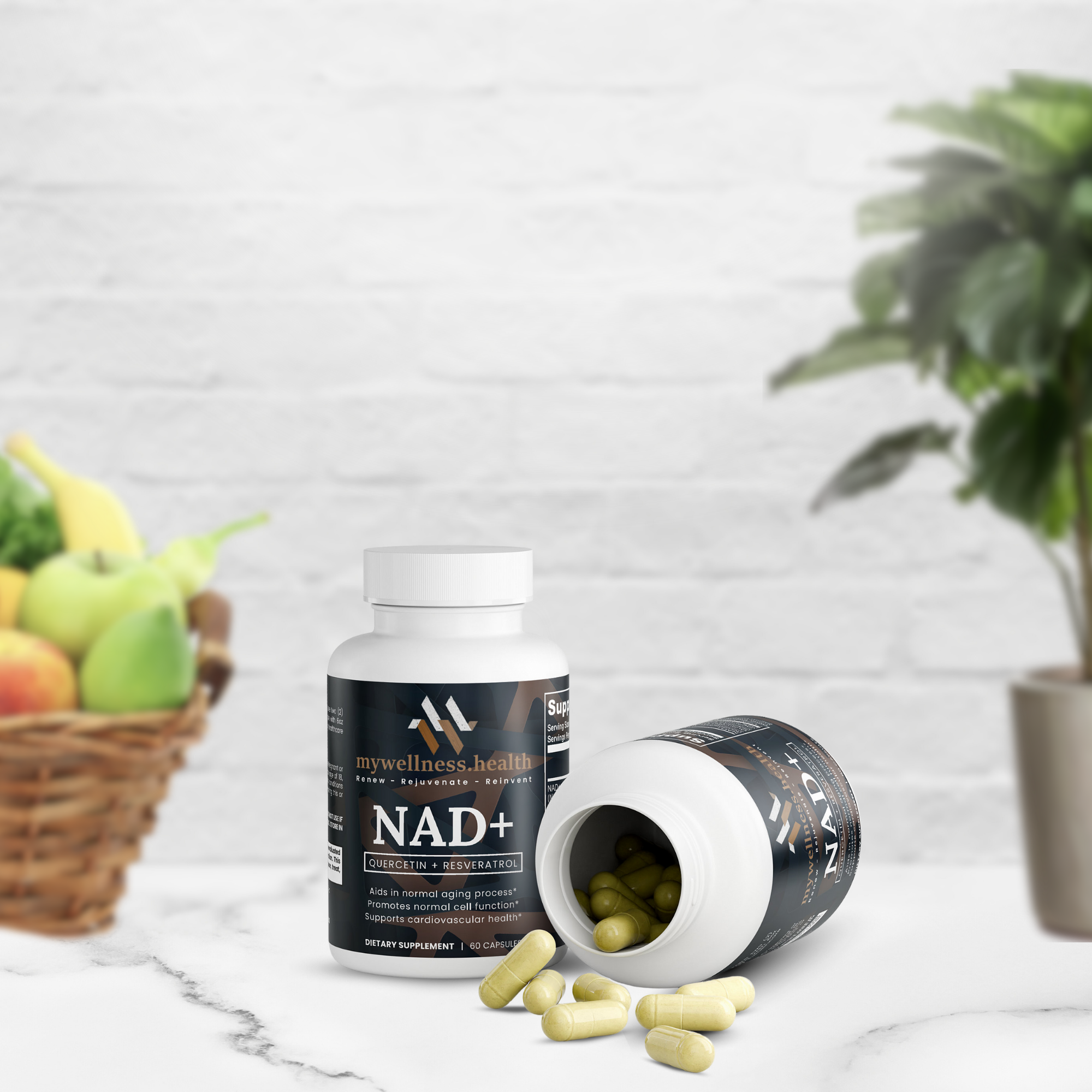 Green capsule supplement bottle with NAD+, Quercetin, and Resveratrol by mywellness.health