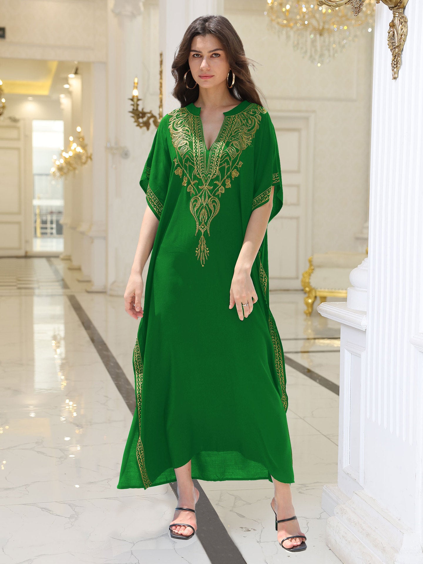 Lightweight black embroidered kaftan beach dress with gold thread, boho-style, by Alabaster