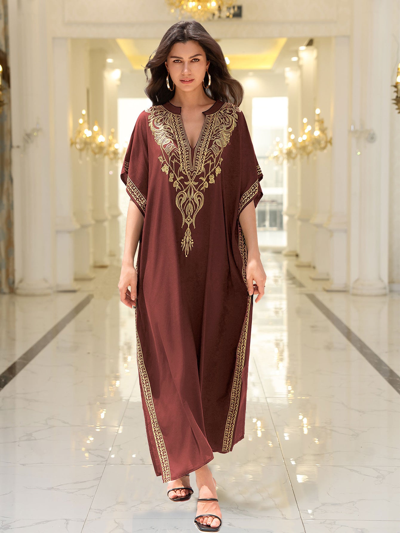Lightweight black embroidered kaftan beach dress in breathable rayon by Alabaster