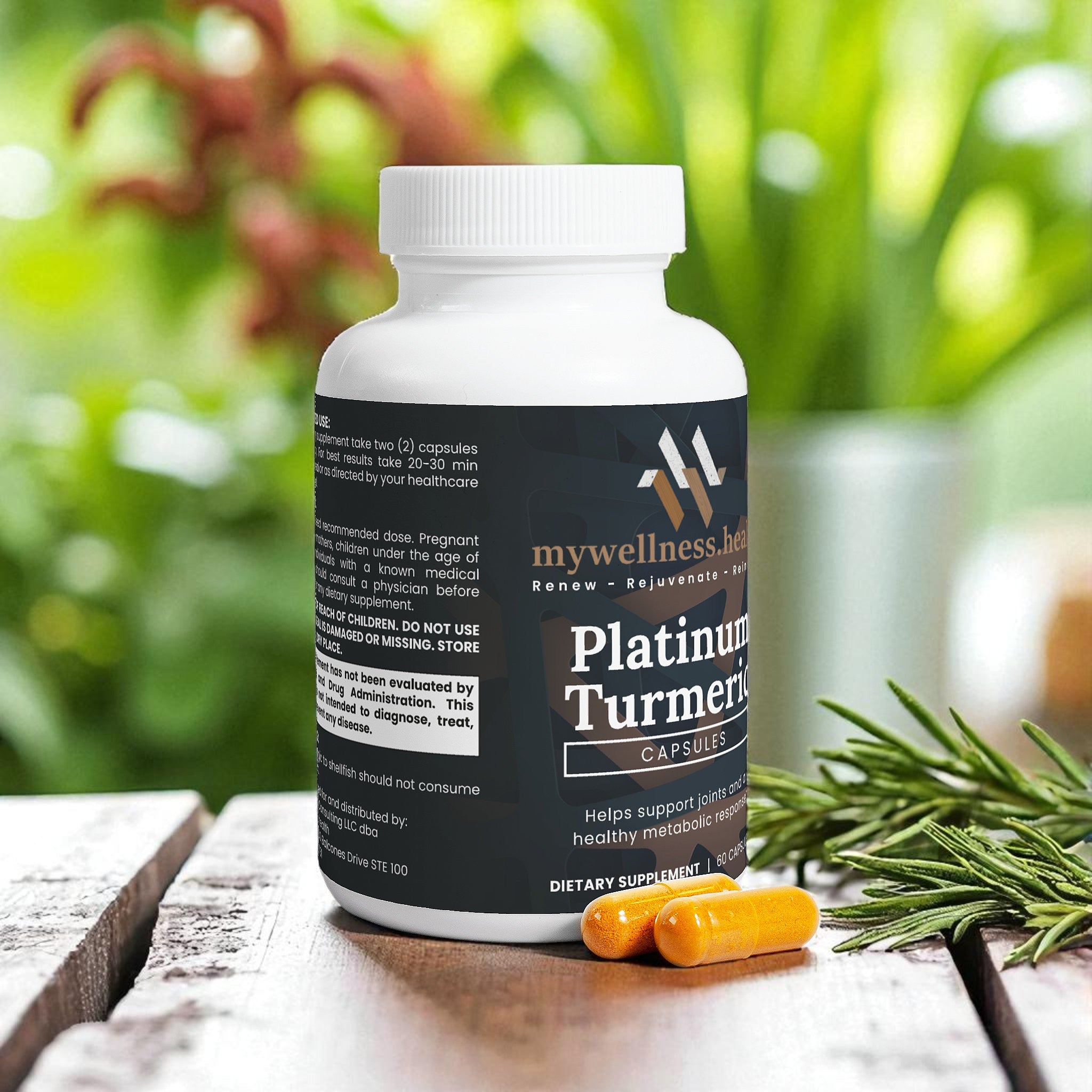 Platinum turmeric supplement capsules with glucosamine and BioPerine, featuring a yellow-orange color, by mywellness.health