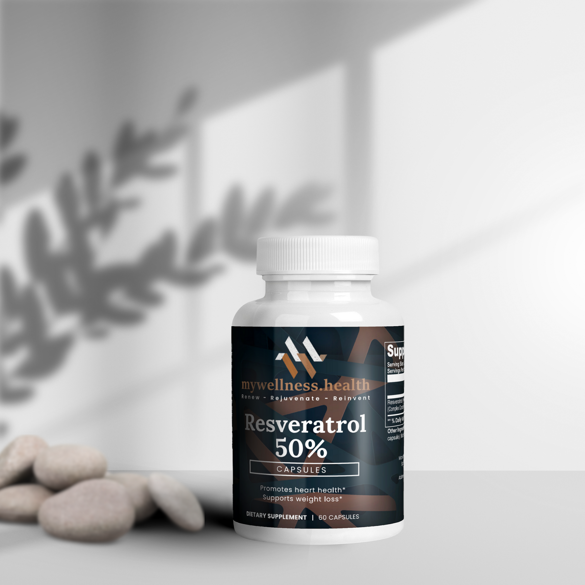 Clear capsule bottle of mywellness.health Trans-Resveratrol 50% antioxidant supplement