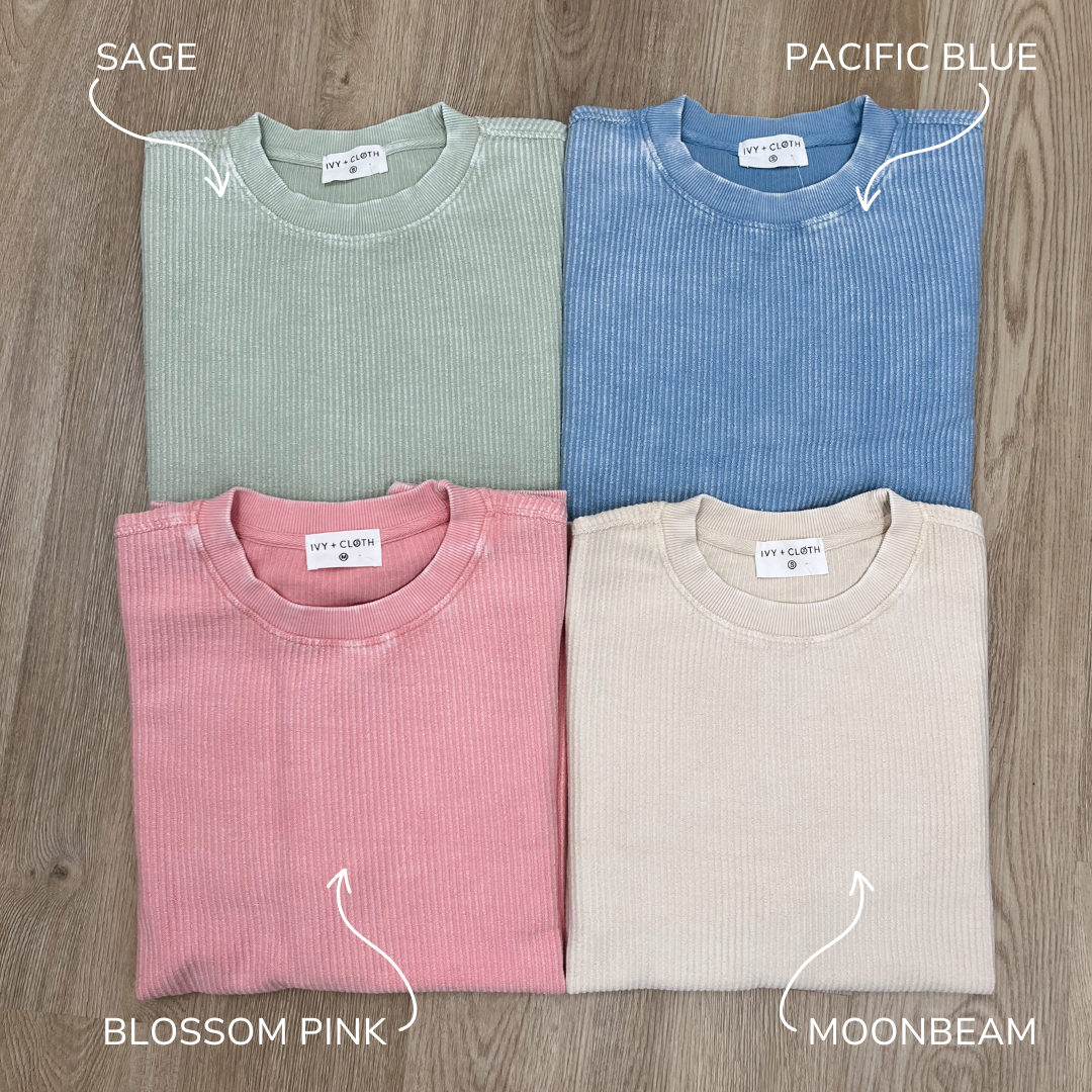 Blossom pink oversized corded crew neck sweatshirt by Ivy + Cloth, featuring a cozy, casual design.
