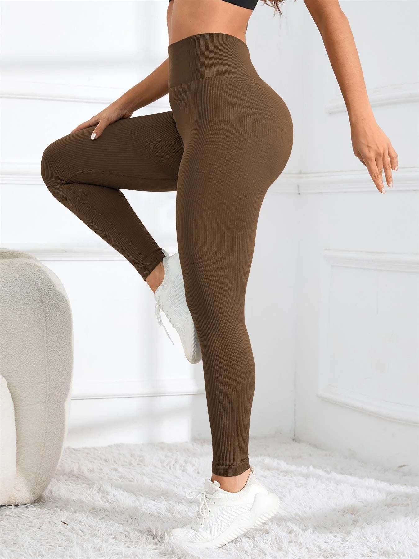 High Waisted Seamless Ribbed Yoga Leggings for Gym and Casual Wear