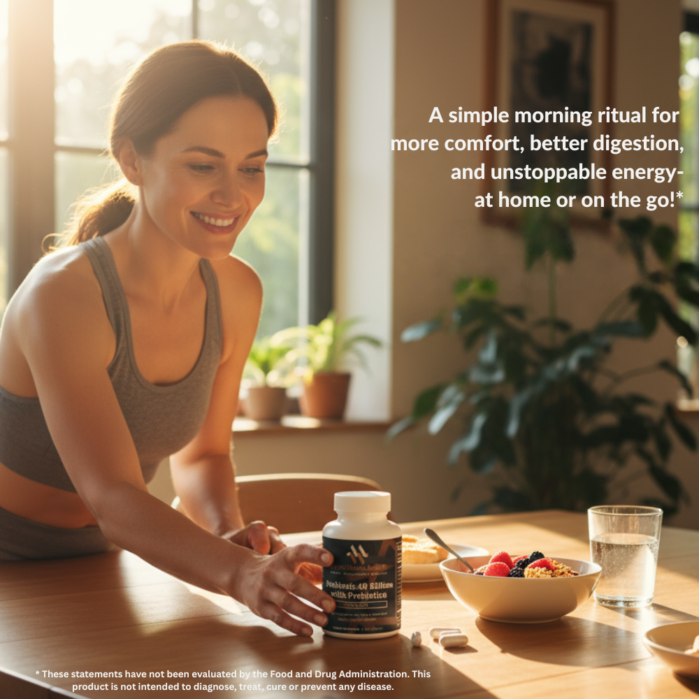 White bottle of Probiotic 40 Billion CFU with prebiotics, 60 capsules, by mywellness.health