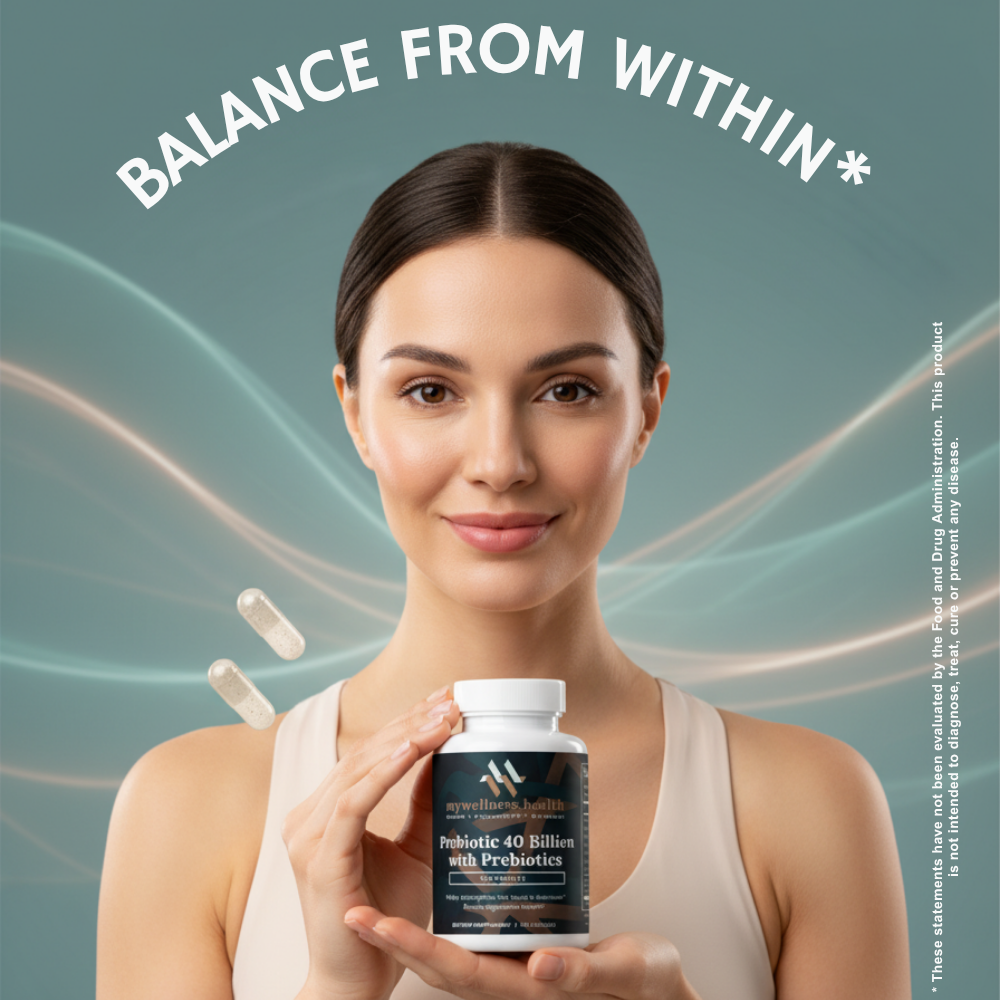 60-capsule bottle of mywellness.health Probiotic 40 Billion CFU with prebiotics for digestive support