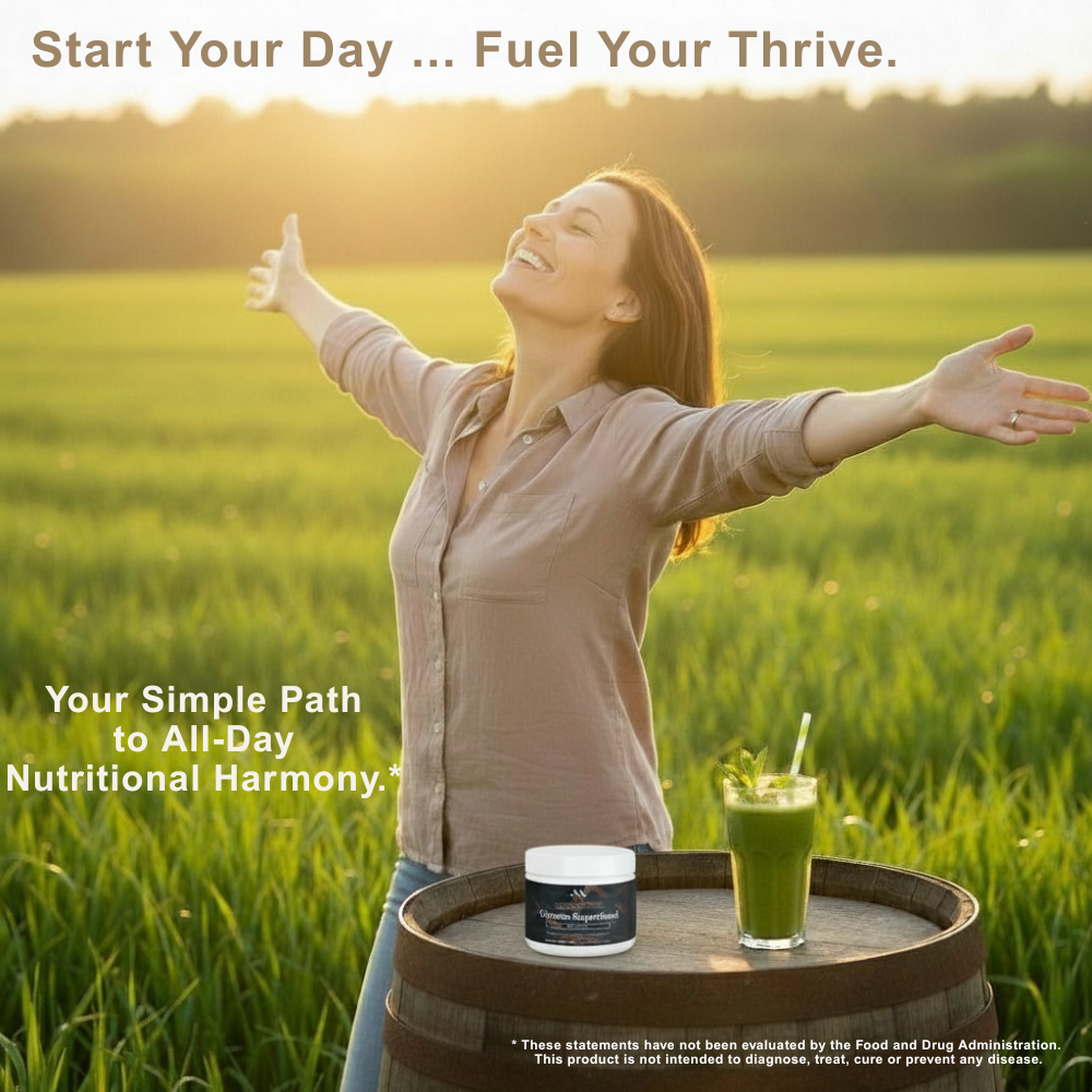 Green powdered superfood blend with acai berry, alfalfa, and barley grass from mywellness.health