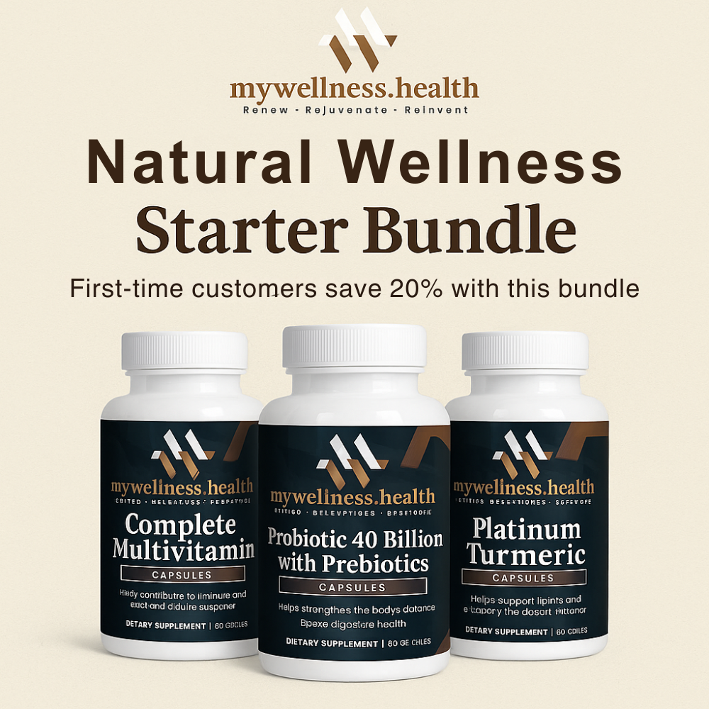 Natural Wellness Starter Bundle with Complete Multivitamin, Probiotic 40 Billion, and Platinum Turmeric capsules.