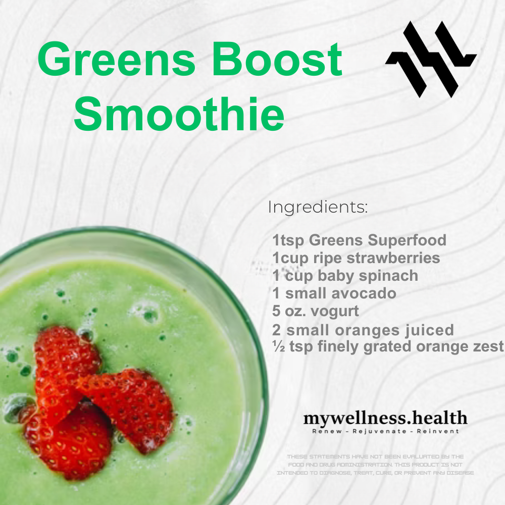 Green superfood powder blend with spirulina, barley grass, and beet root by mywellness.health.