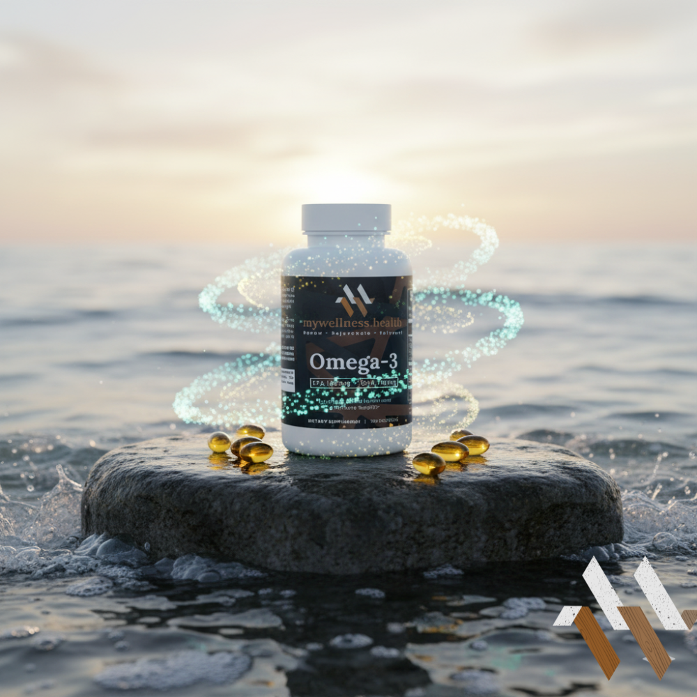 Premium Omega-3 Fish Oil supplement in a clear bottle, labeled EPA DHA, allergen-free, by mywellness.health