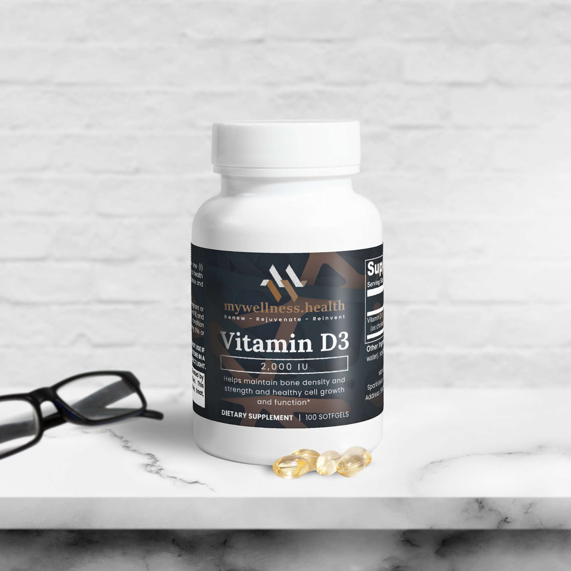 Vegan Vitamin D3 2000 IU supplement bottle by mywellness.health, allergen-free, non-GMO, for bone health.