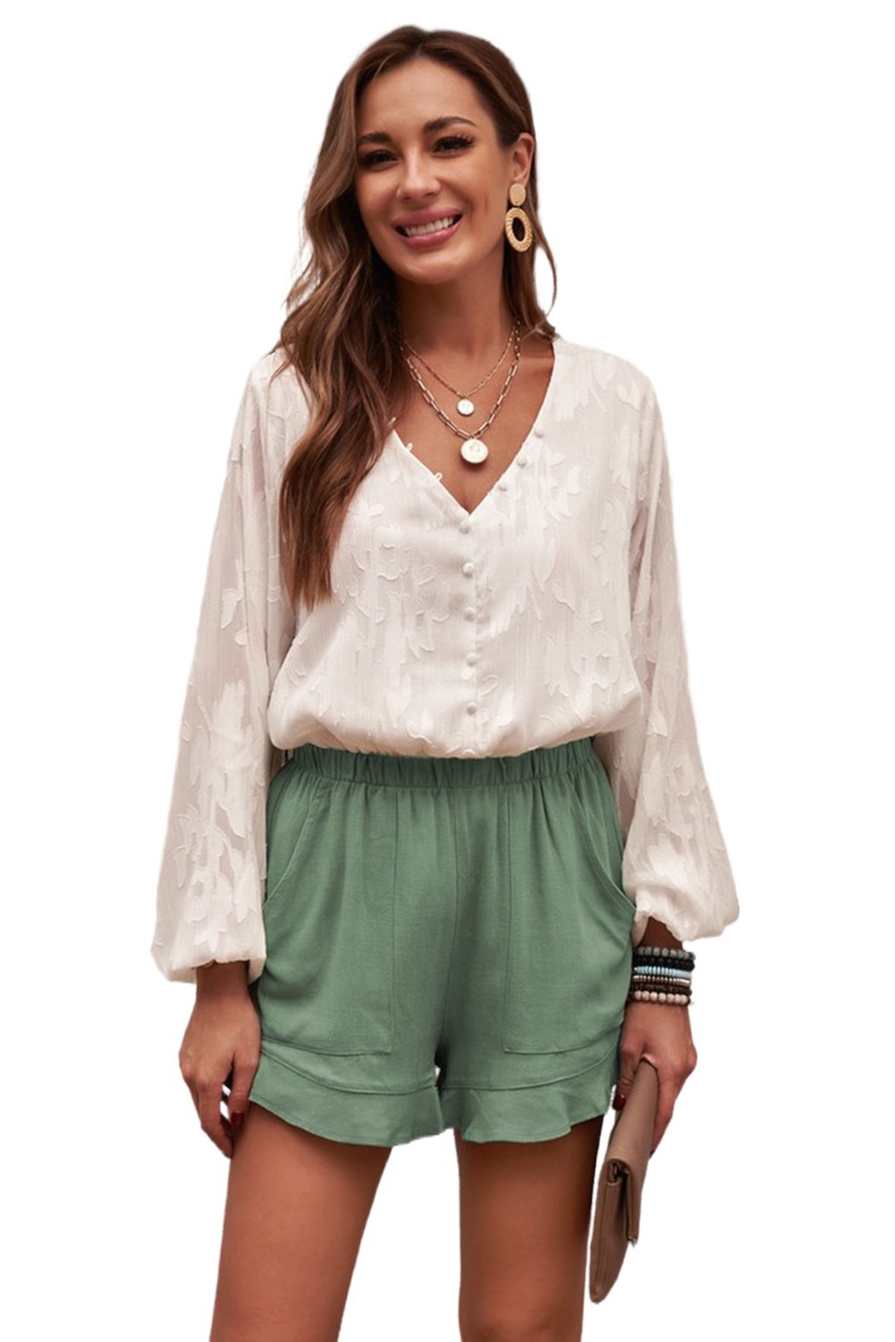 Damen Sommer-Shorts aus Leinen-Baumwolle mit Taschen in Grün