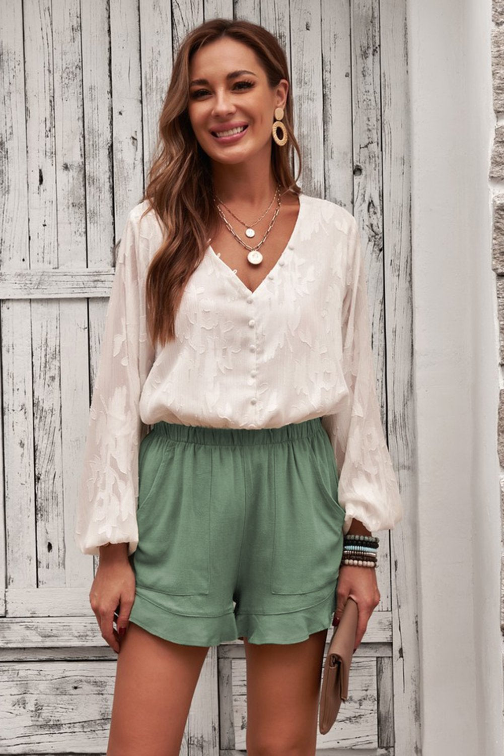 Damen Sommer-Shorts aus Leinen-Baumwolle mit Taschen in Grün