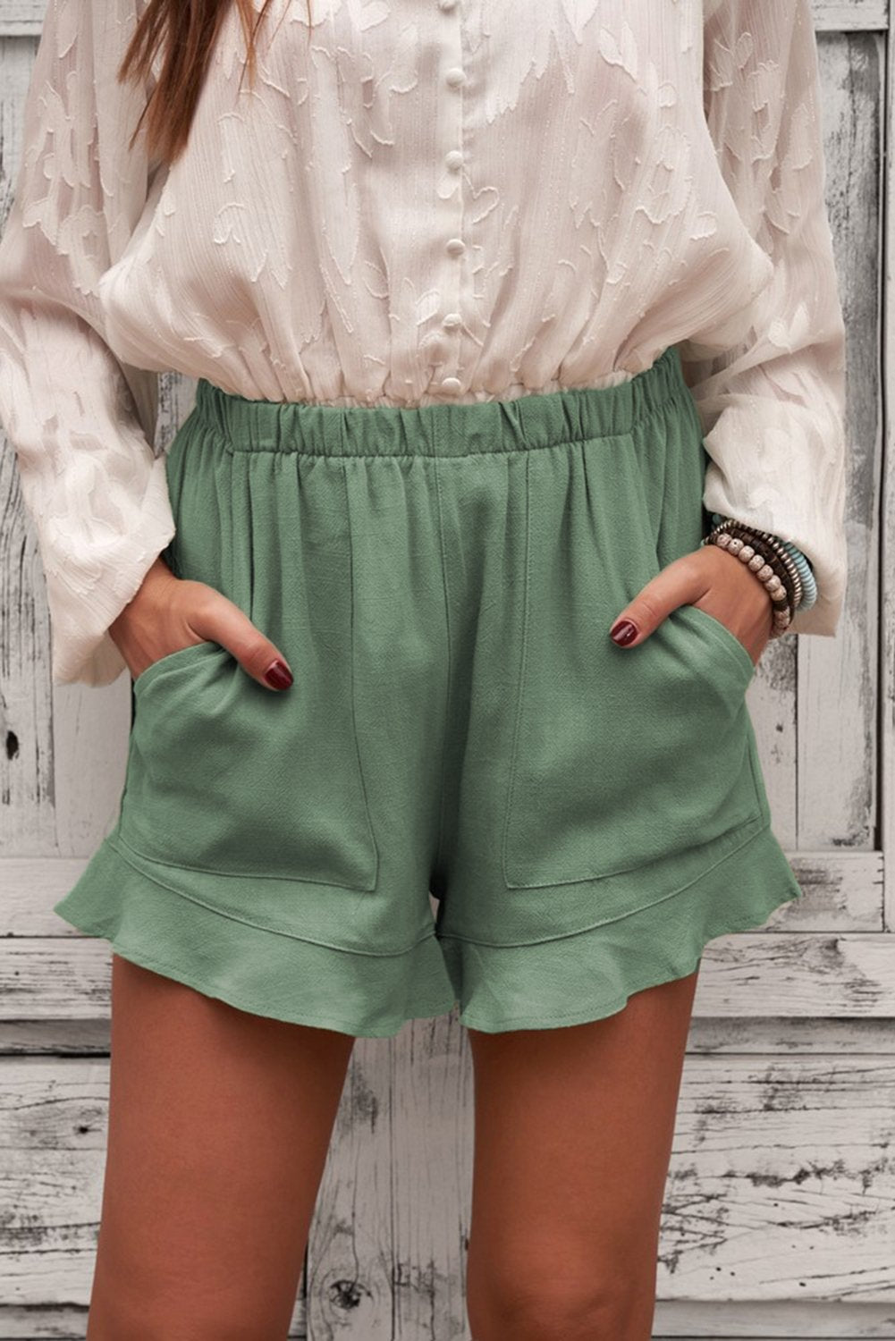 Damen Sommer-Shorts aus Leinen-Baumwolle mit Taschen in Grün
