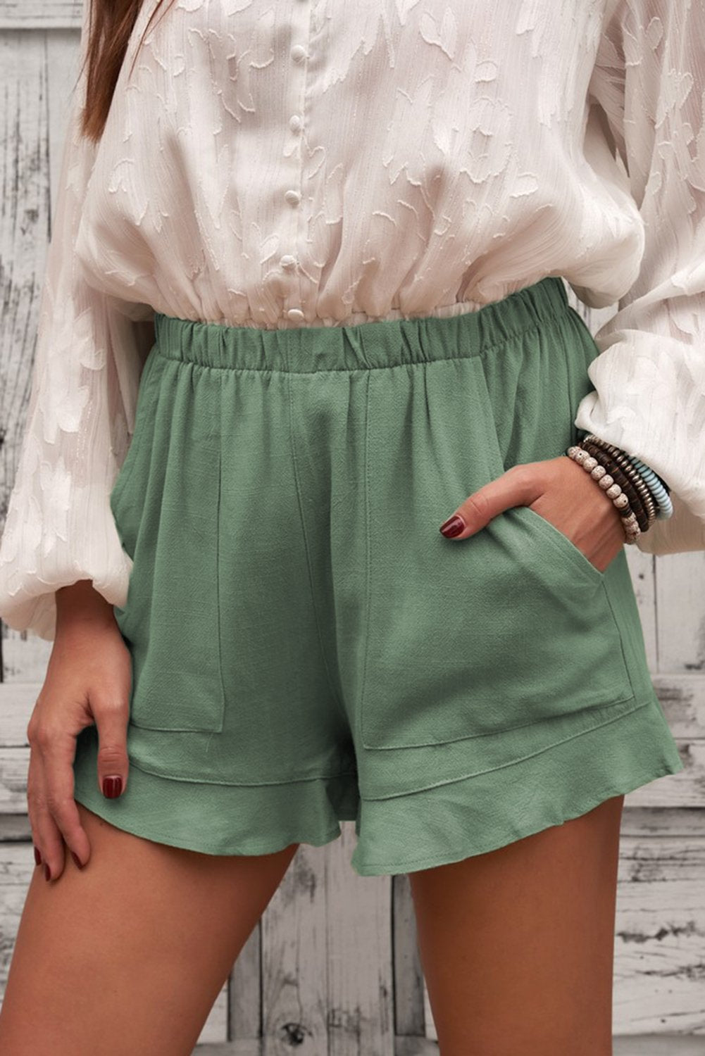 Damen Sommer-Shorts aus Leinen-Baumwolle mit Taschen in Grün