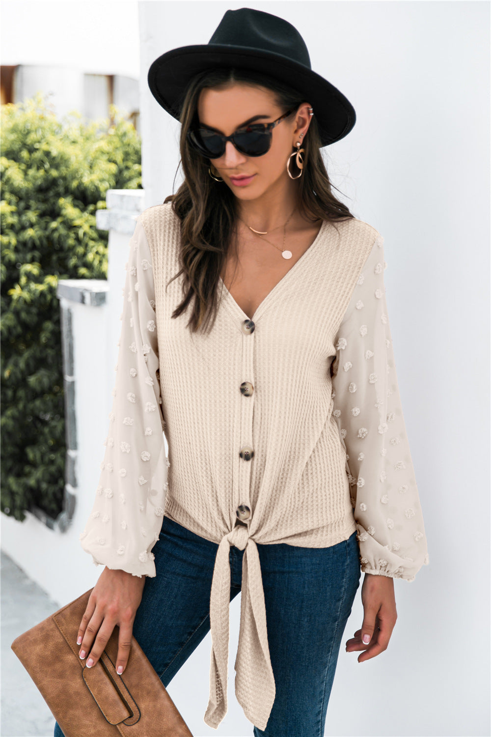 Pink tie-front puff sleeve button blouse by Alabaster, featuring a casual boho style.