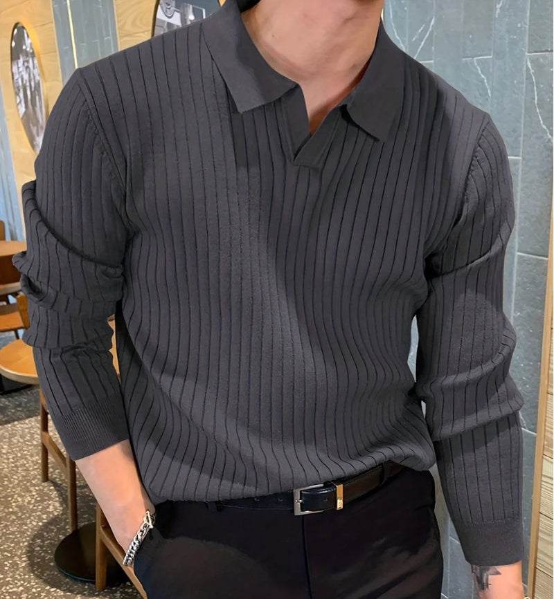 Textured Long Sleeve Polo Shirt - Slim Fit Ribbed Knit Polyester
