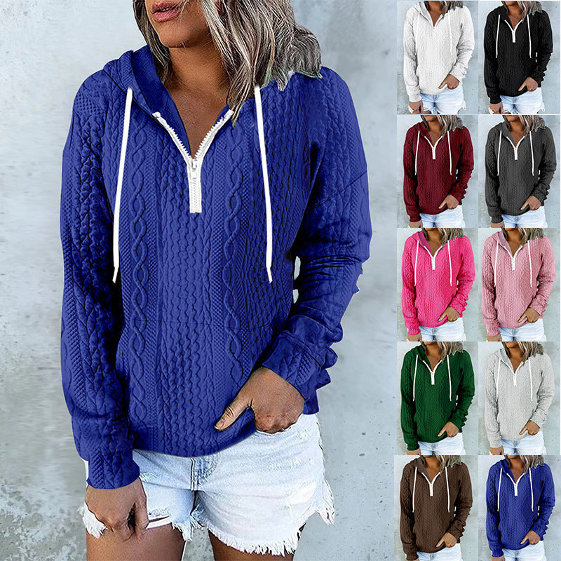White cable knit zip-up hoodie with drawstring hood, by Alabaster, in casual style for women