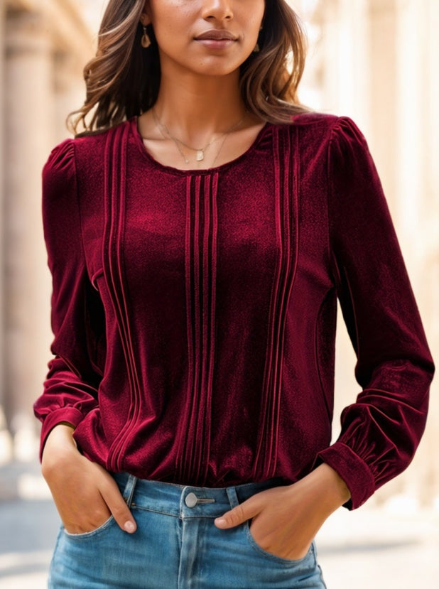 Red velvet long sleeve blouse by Alabaster, elegant and chic for dressy occasions.