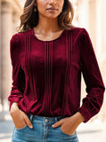 Red velvet long sleeve blouse by Alabaster, elegant and chic for dressy occasions.