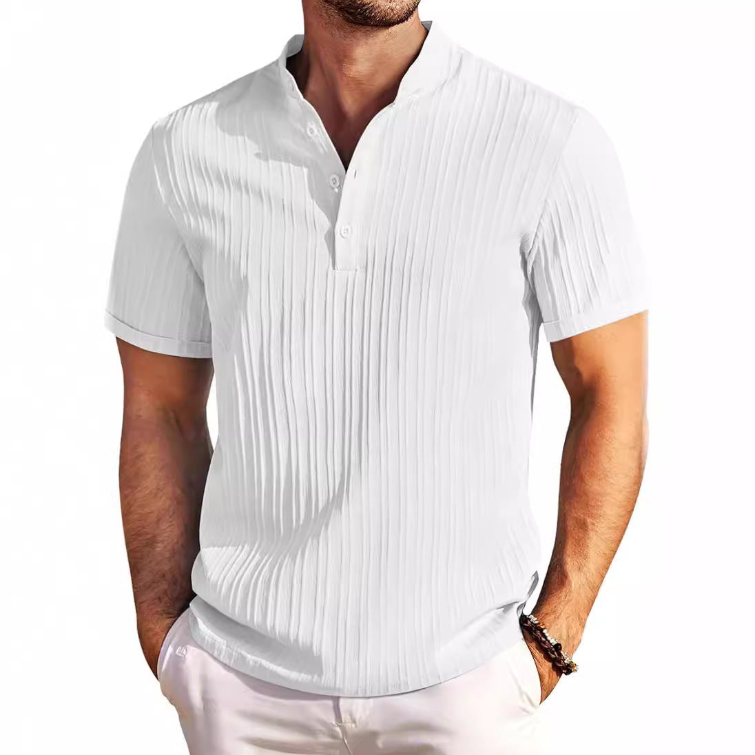 Summer Stand Collar Stripe Polo Shirt