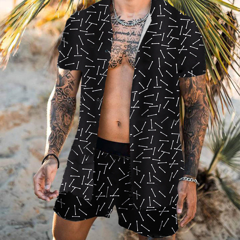 Men's pink tropical palm print button-down shirt and shorts set by My Store, perfect for beach summer wear.