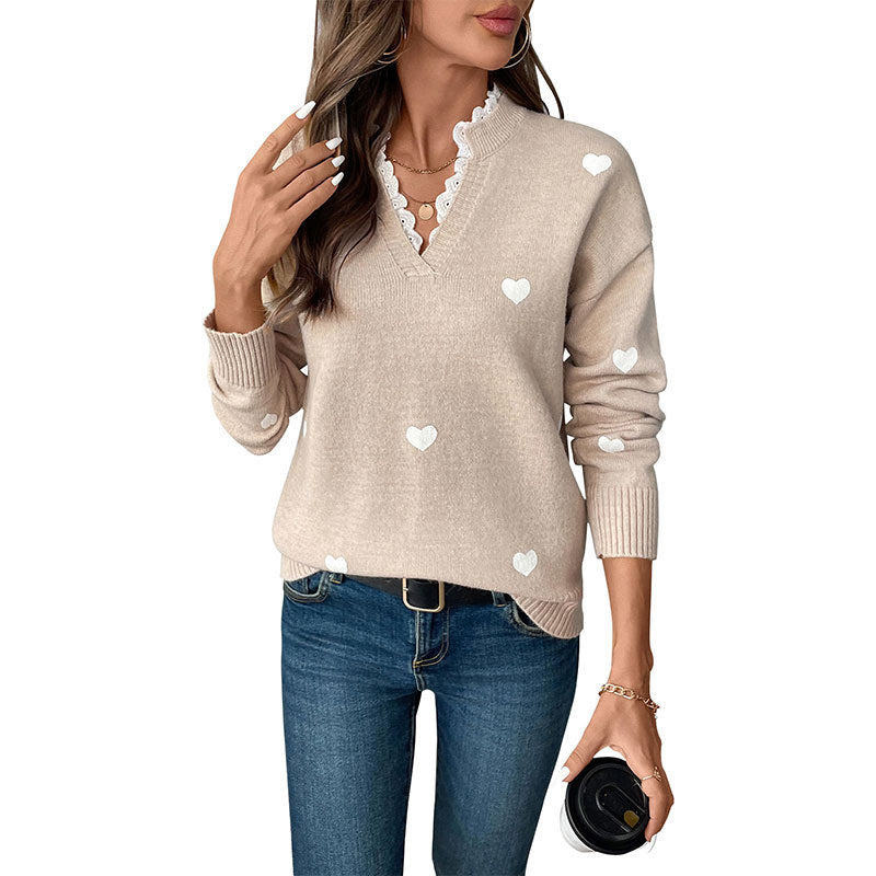 Women’s V-Neck Heart Knit Sweater – Light Khaki