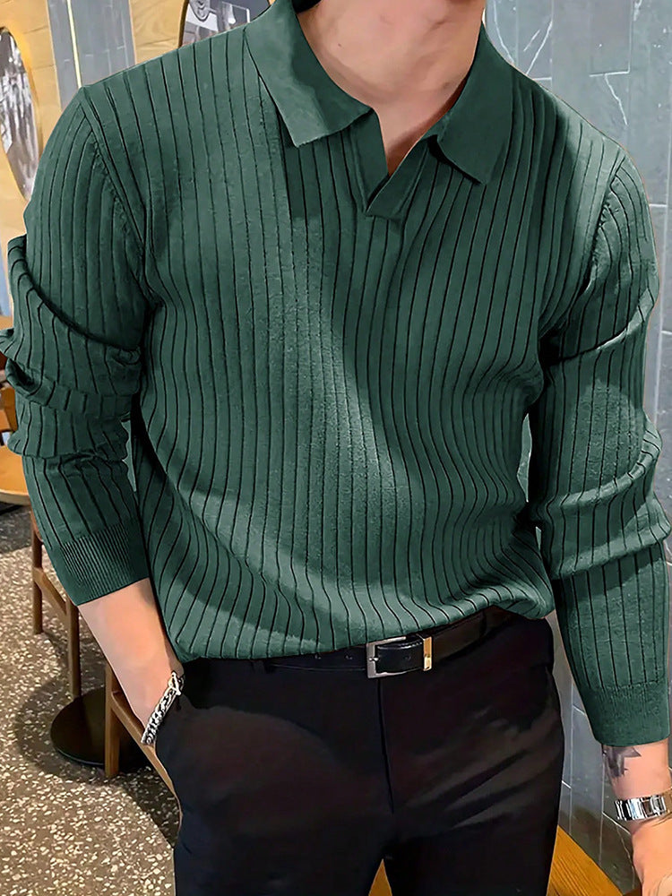 Dark green long sleeve slim fit ribbed knit polo by My Store, perfect for business casual or date night.