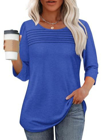 Sky blue soft pleated 3/4 sleeve top, round neck, polyester blend, by Alabaster