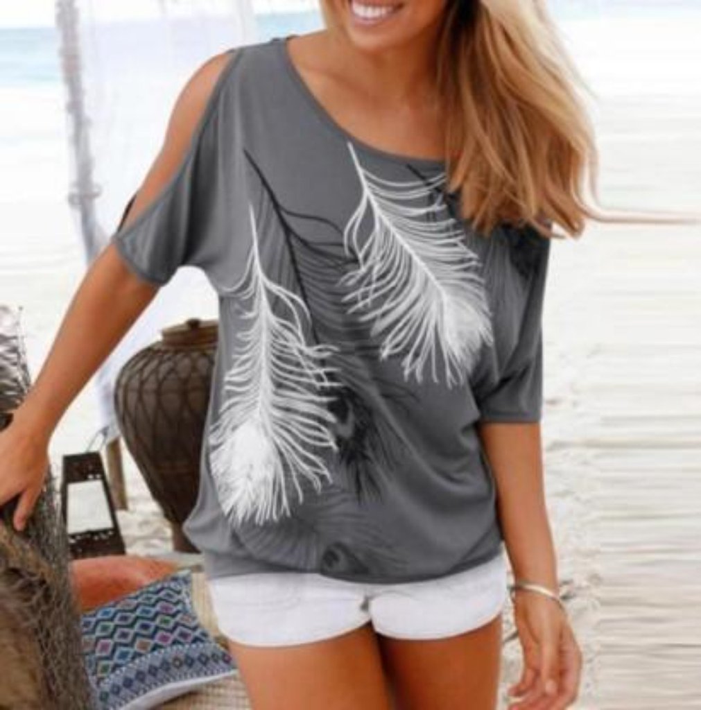 Women's Feather Print Cut Shoulder T-Shirt