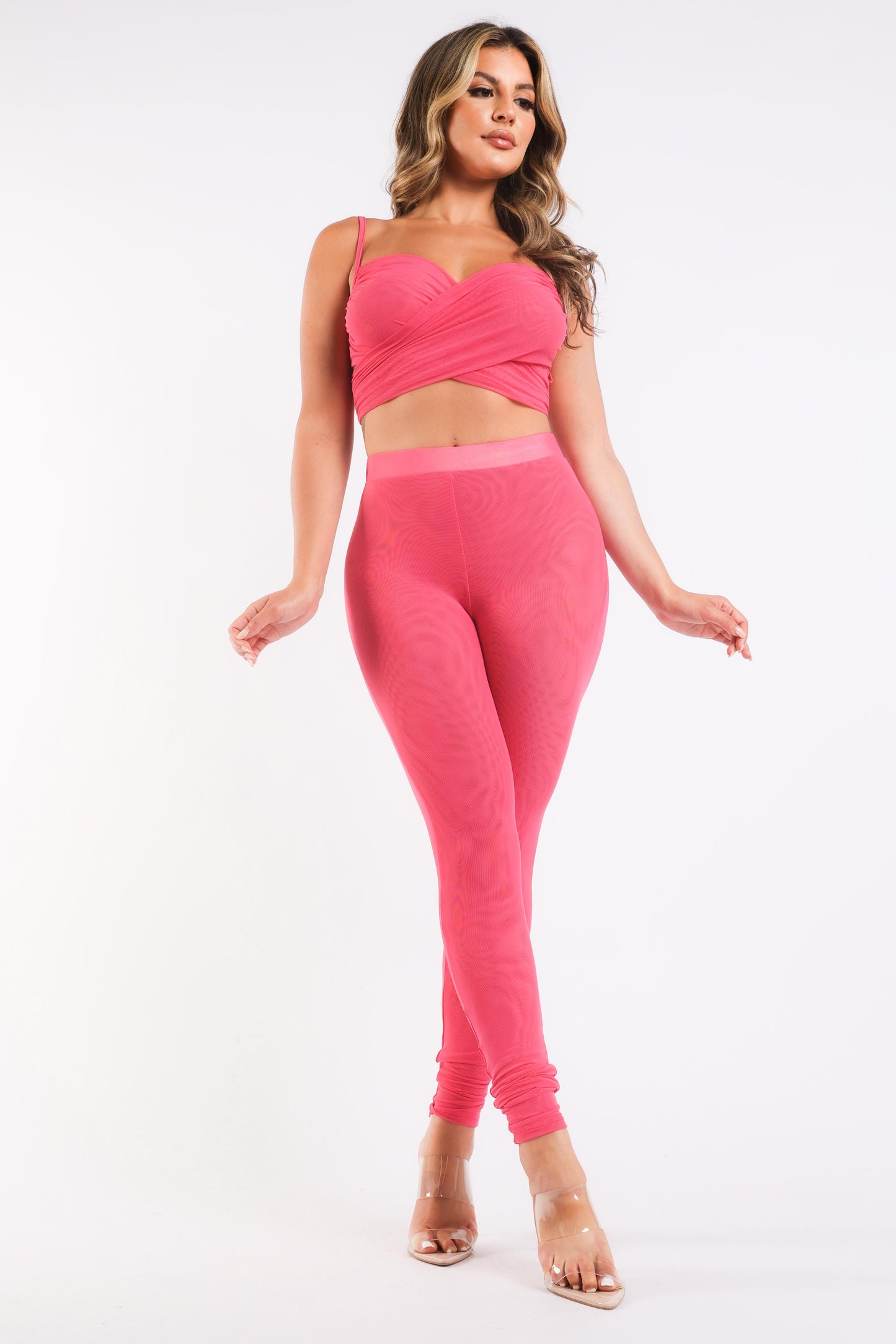 Mesh-Kontrast-Sets Lässiges Sport-Top mit Trägern und Leggings FUCHSIA