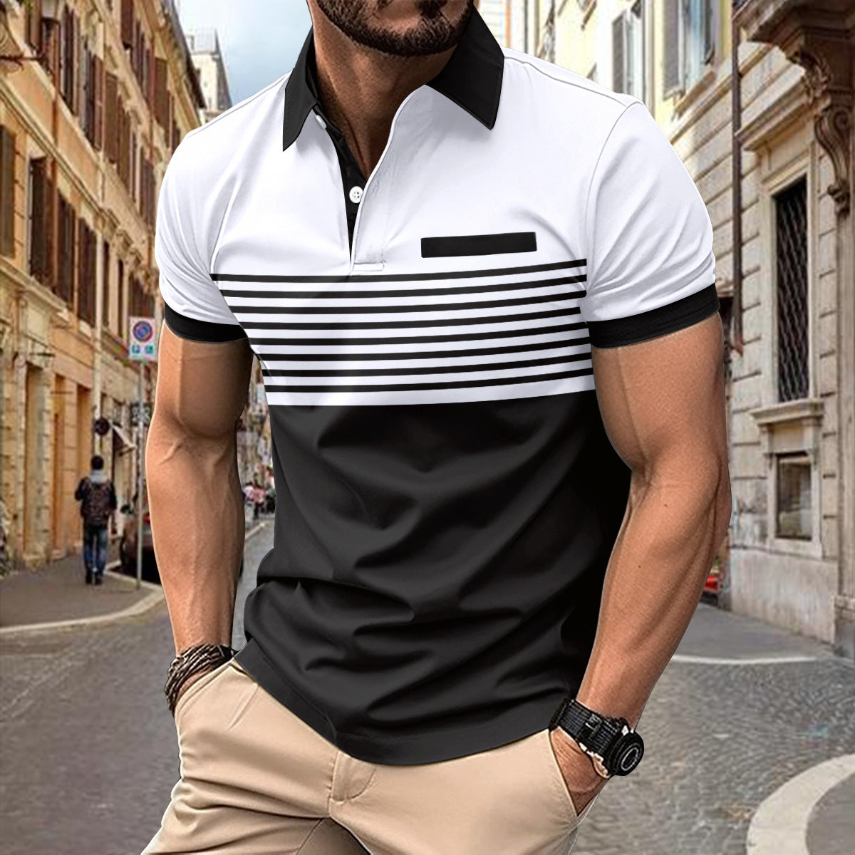 Men's white striped polo shirt with chest pocket, cotton blend, casual style by My Store